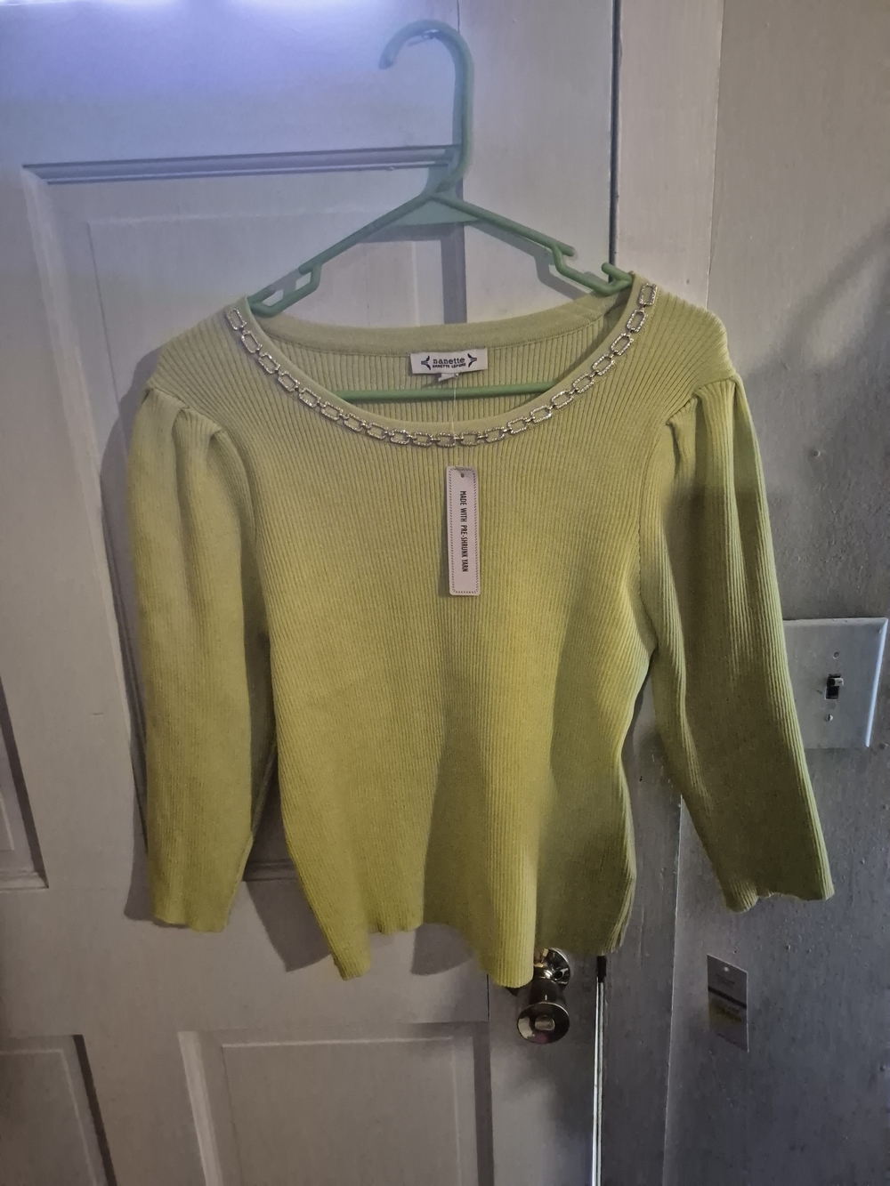 Chain-Trim Ribbed Knit Sweater - Lime Green